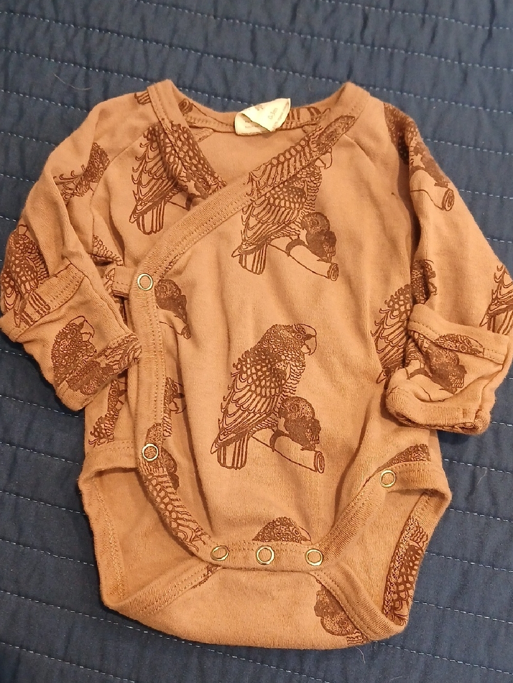 kate quinn Brown Parrot Print Kimono-style Reversible Mitts One-Piece Bodysuit